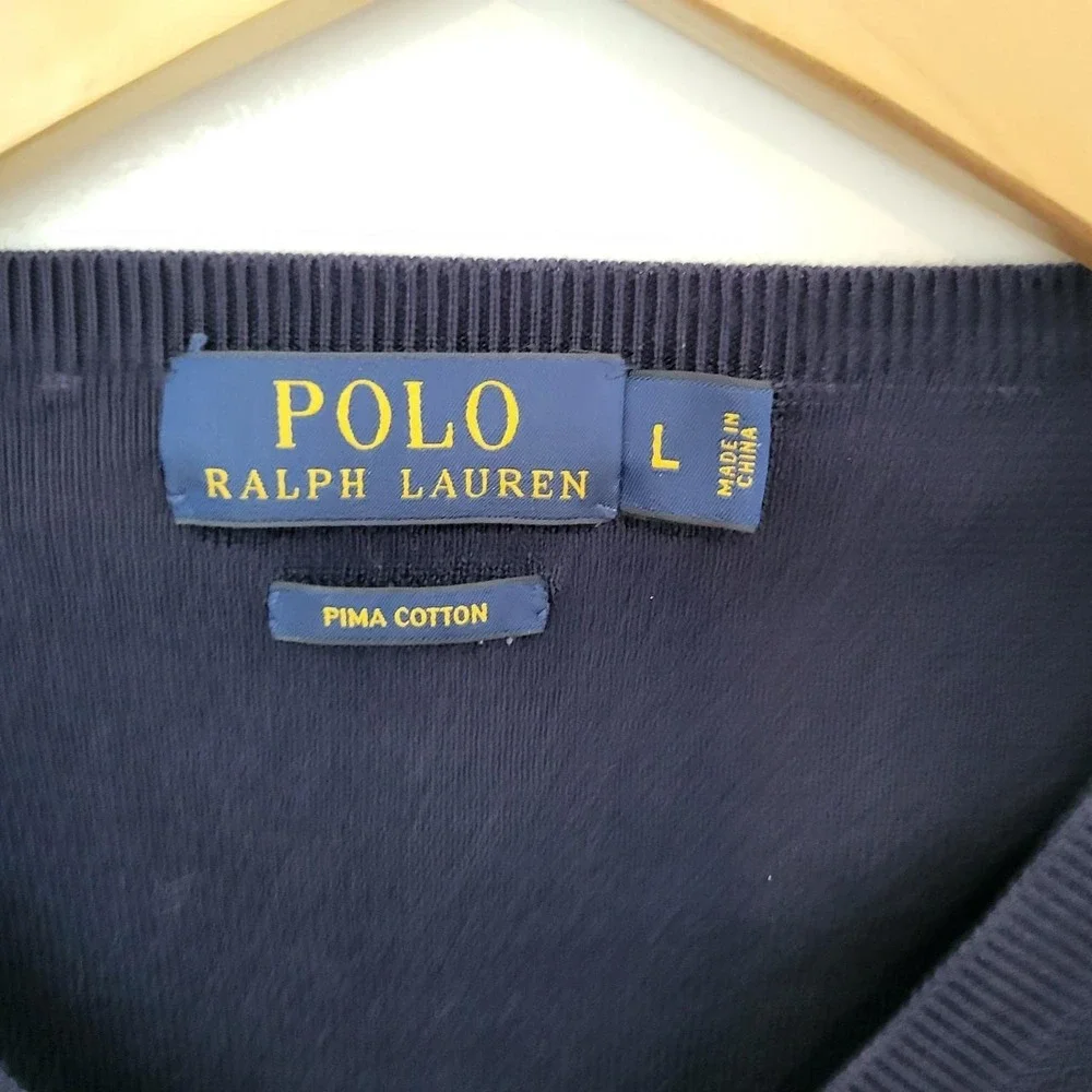 Polo Ralph Lauren Mens Navy Blue Pima Cotton V-Neck Sweater Red Pony Logo Size L